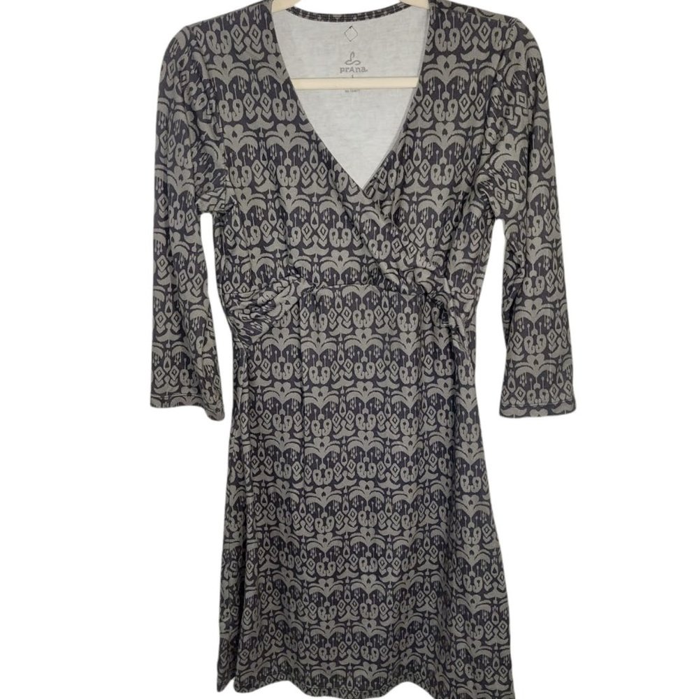 prAna Faux Wrap Twist Front V Neck Black and Gray Dress Women's Size S
